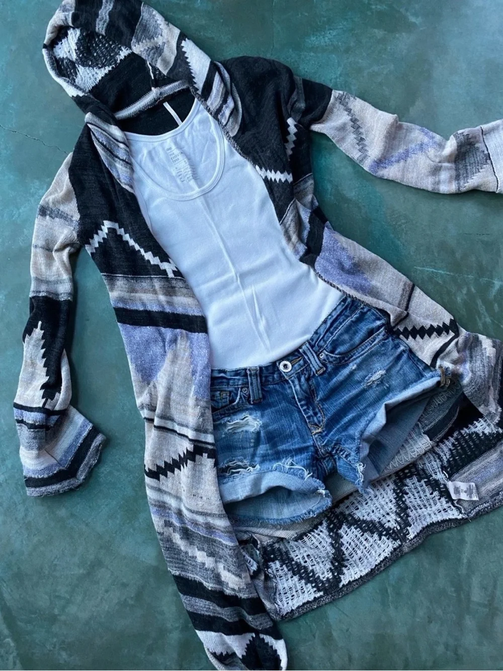 Free People Long Black and Cream Knit Cardigan with Hoodie
